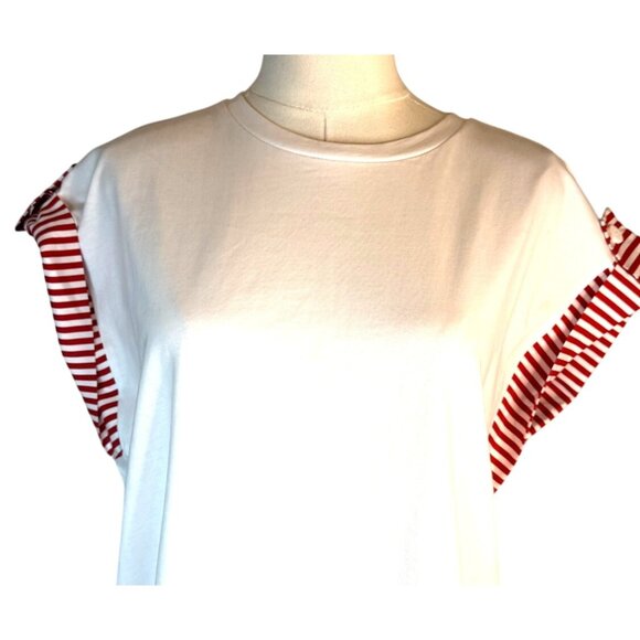 NWT Zara Medium White T-Shirt With Red Striped Flutter Sleeves 100% Cotton - Picture 5 of 14